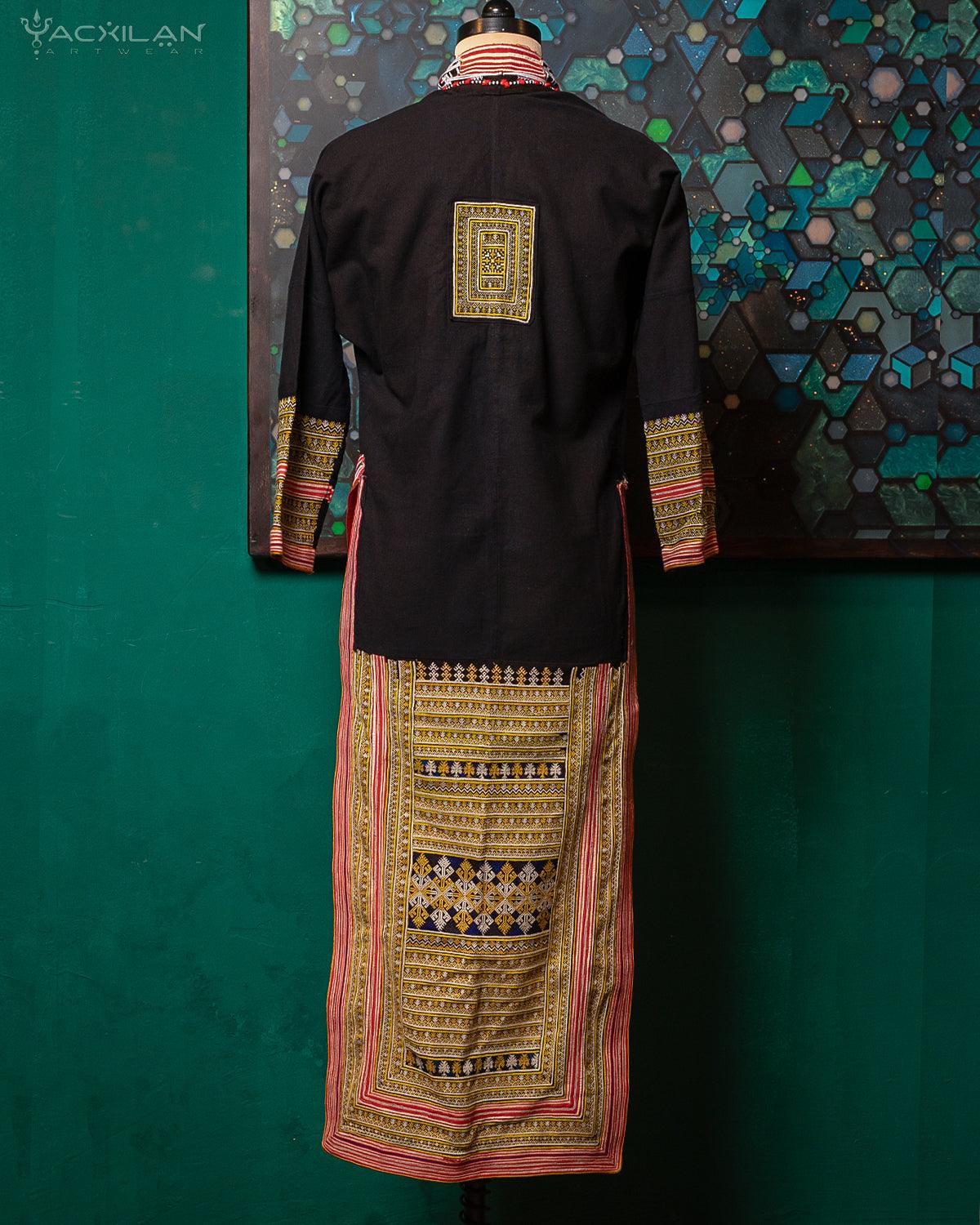 Kimono Long / Black Tribal Embroidery Unique Piece -CHANG MAI - Yacxilan Artwear